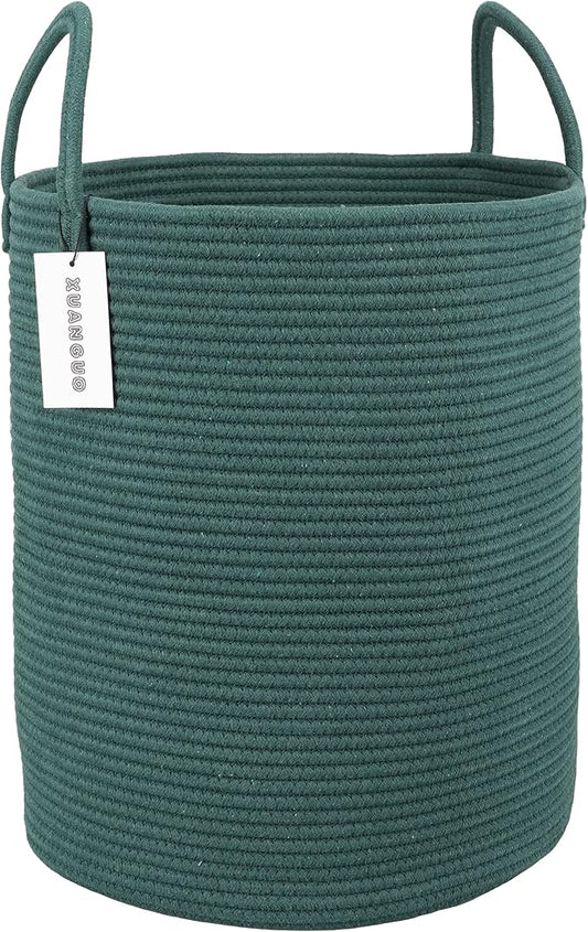 XUANGUO Cotton Rope Laundry Basket Hamper for Clothes Woven Storage Basket for Living Room Bedroom Boho Tall Rope Baskets for Blanket Toys Pillow Towels Baby Nursery Hamper Bin Large dark green