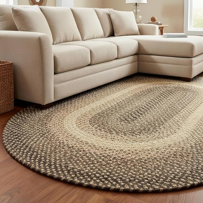 Super Area Rugs Large Braided Rugs 8X11 Farmhouse Living Room Rug - Ridgewood Braided Rug for Bedroom - Reversible Woven Rugs - Indoor/Outdoor - Made in USA - Brown Velvet/Beige, 8' X 11' Oval