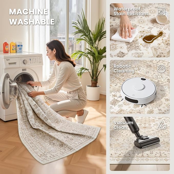 zesthome 2x3 Entryway Rug, Soft Washable Rugs, Non Slip Area Rug, Stain Resistant Low Pile Rugs for Bedroom, Vintage Rug for Door Mat, Kitchen (Cream/Beige,2'x3')