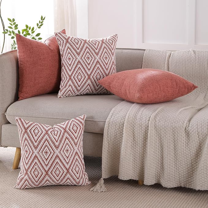 HPUK Throw Pillow Covers 20x20 Inch Set of 4, Linen Decorative Pillow Covers, Accent Cushion Covers for Couch Sofa Bed Bedroom Living Room Décor, Coral