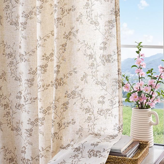 jinchan Taupe Floral Linen Curtains 96 Inch Farmhouse Back Tab 2 Panels | Taupe on beige, light filtering, farmhouse, rustic, country, flower, privacy, bedroom, living room, office, window treatment