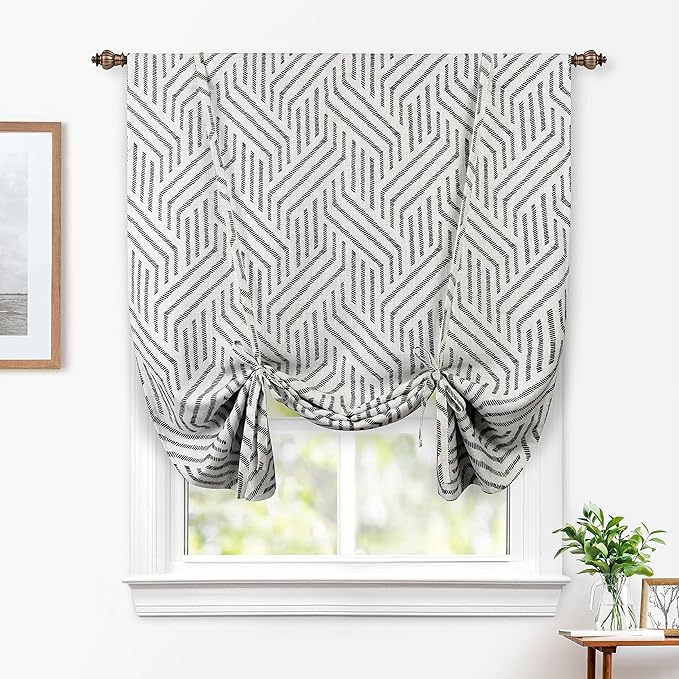 DriftAway Briony Blackout Tie Up Curtain for Kitchen Adjustable Balloon Sketch Textured Lines Printed Tie Up Roman Shades for Small Window Single Rod Pocket Window Coverings 45W x 63L Black