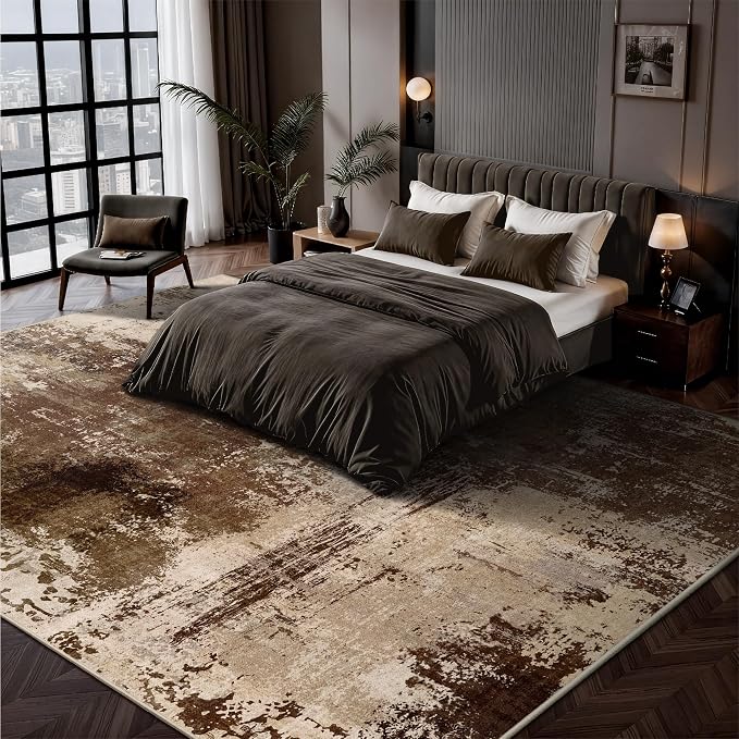 8x10 Rugs for Living Room - Modern Abstract Washable Rug, Ultra Soft Non Slip Low Pile Large Rugs, Floor Carpet for Bedroom Dining Room Office Laundry Nursery Home(A-Brown)