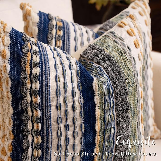Boho Chenille Tufted Throw Pillow Covers 18x18 Inch Set of 2 Farmhouse Mixed Blue Woven Striped Decorative Pillowcases for Couch Sofa Bed
