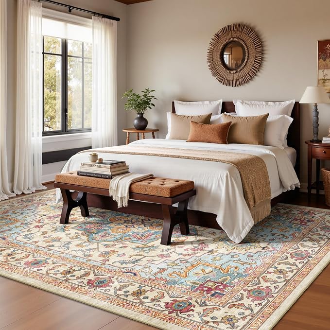 5x7 Area Rugs - Washable Rug Vintage Distress Boho Medallion Rugs for Living Room, Soft Non-Slip Backing Low Pile Carpet for Bedroom Dining Room Office Nursery Dorm Home, Vintage Orange