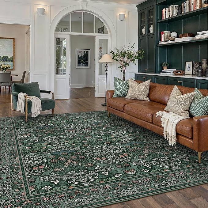 HUGEAR Vintage Floral Machine Washable 9x12 Area Rugs Green Living Room Bedroom Rug Retro Neutral Stain Resistant Non Slip Low Pile Throw Carpet for Home Aesthetic Modern Decor