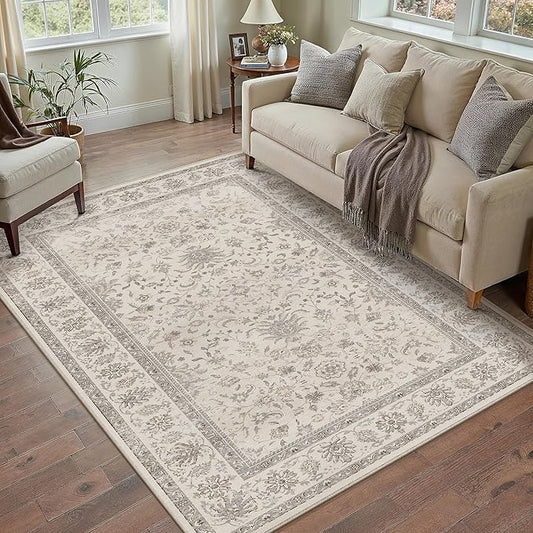 PureCozy 3x5 Area Rug Beige Washable Entryway Vintage Carpet Office Small Non Slip Stain Soft Resistant Low Pile Thin Boho Accent Indoor Throw Rug for Laundry Kitchen Bathroom Entrance Bedroom