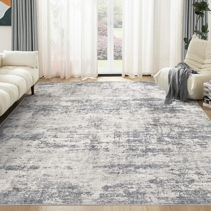 Abstract 10x14 Area Rug: Machine Washable Non Slip Ultra Thin Low-Pile Carpet, Soft Stain Resistant for Living Dining Room Bedroom, Kid Pet Friendly, Robot Vacuum Compatible - Grey Beige