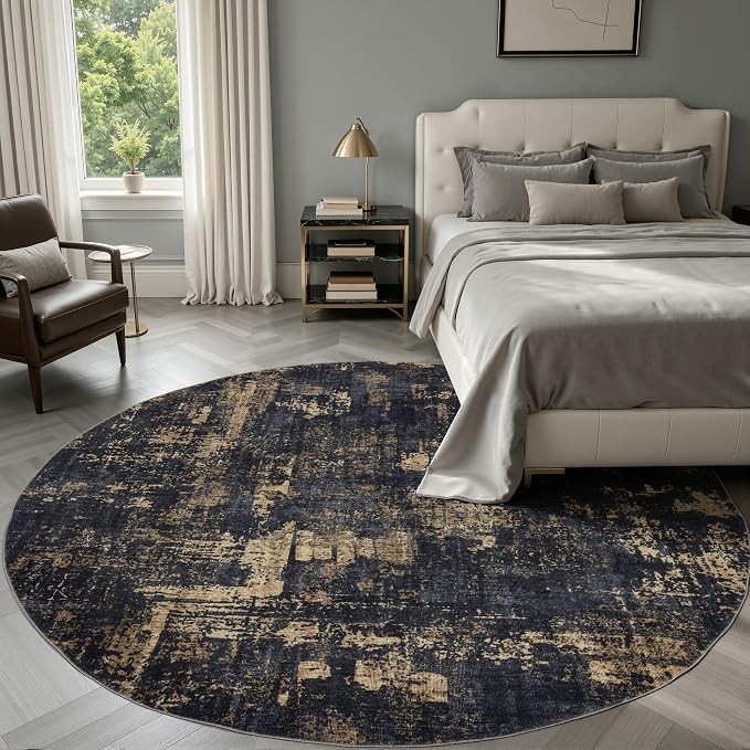 Sasttie 6ft Soft Round Area Rug, Modern Abstract Washable Circle Carpet for Living Room, Bedroom, Dining Room Table, with Non-Slip Backing, Black and Gold