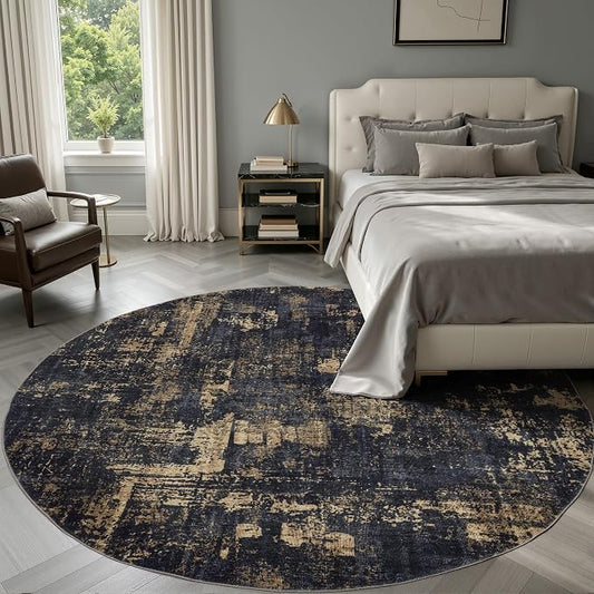 Sasttie 6ft Soft Round Area Rug, Modern Abstract Washable Circle Carpet for Living Room, Bedroom, Dining Room Table, with Non-Slip Backing, Black and Gold