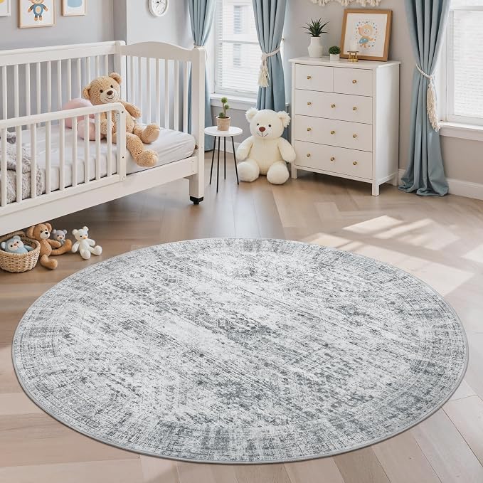 Soalmost 5x5 Grey Round Rug 5ft Living Room Circle Rug Vintage Gray Round Area Rug Non Slip Indoor Carpet for Entryway Dining Room Bedroom