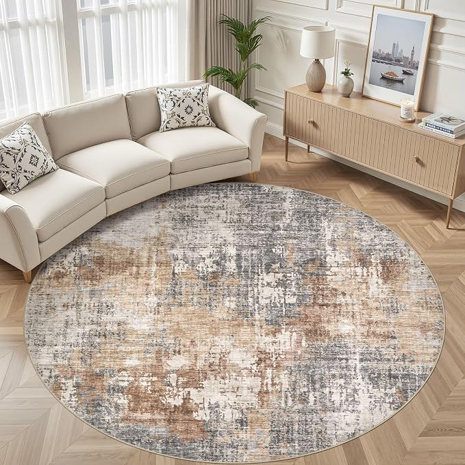 DMOYEST 10ft Round Area Rug Living Room Rugs - 10x10 Washable Circle Rug Large Soft Indoor Neutral Modern Abstract Low Pile Carpet for Bedroom Dining Room Farmhouse Home Office - Grey Brown
