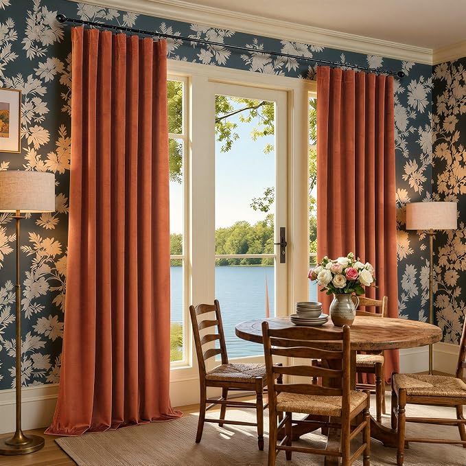 Rust Colored Terracotta Boho Plush Velvet Curtains 108 Inches Long 2 Panels for Living Room Darkening Back Tab Pocket Thermal Insulated Elegant Blackout Curtains Ceiling to Floor Length for Patio Door