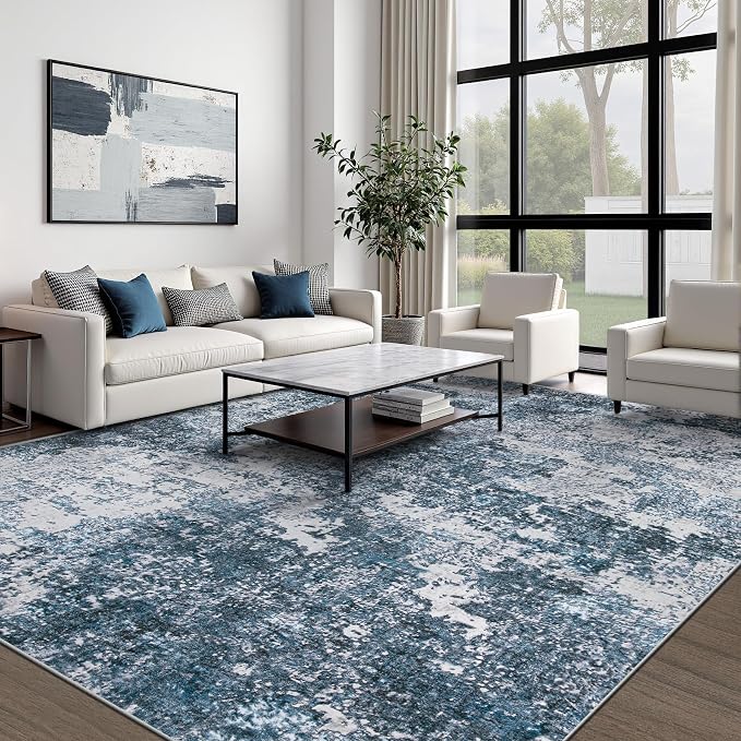 pmtsns Area Rugs 9x12 for Living Room: Washable Rug Modern Abstract Neutral Soft Non-Slip Low-Pile Indoor Large Carpet for Bedroom Dining Room Playroom Home Office (Blue Grey, 9'x12')