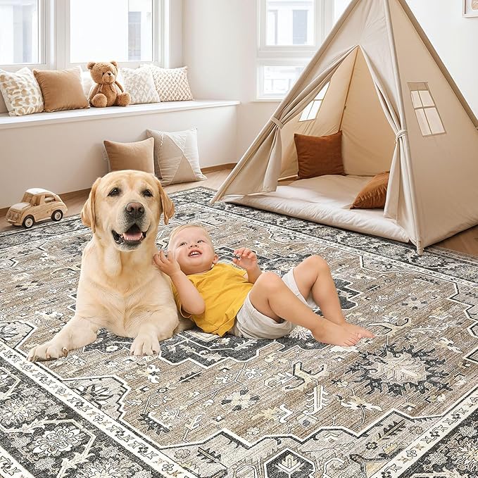 Vintage Living Room Area Rug 9x12 - Large Soft Washable Oriental Traditional Distressed Farmhouse Rugs for Bedroom - Indoor Floor Accent Carpet for Home Office House Decor - Black Brown