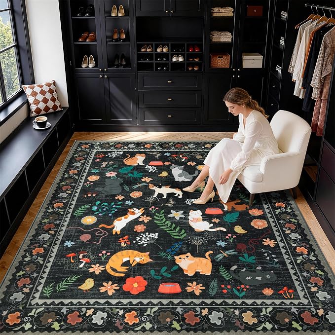 LIANLAM 5x7 Cat Lover's Area Rug, Washable Large Rug with Artistic Feline Design for Living Room & Bedroom, Pet Friendly Non-Slip Soft Carpet, Stain Resistant & Easy Clean(5x7,Black)