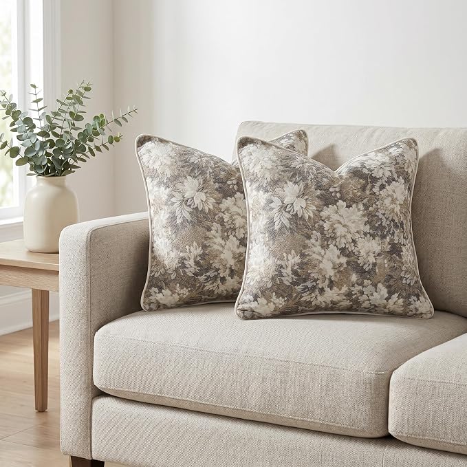 Vintage Floral Throw Pillow Covers 20x20 Inches Set of 2 Boho Farmhouse Pillow Cases Premium Chenille Textured Decorative Cushion Covers for Couch Retro Garden Farmhouse Style Taupe
