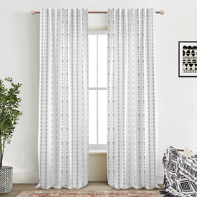 White Sheer Curtains 96 Inches Long,Feminine Black Boho Window Treatments Non See Through Privacy Curtains That Let Light in for Bedroom Living Room 8 FT 8FT Length