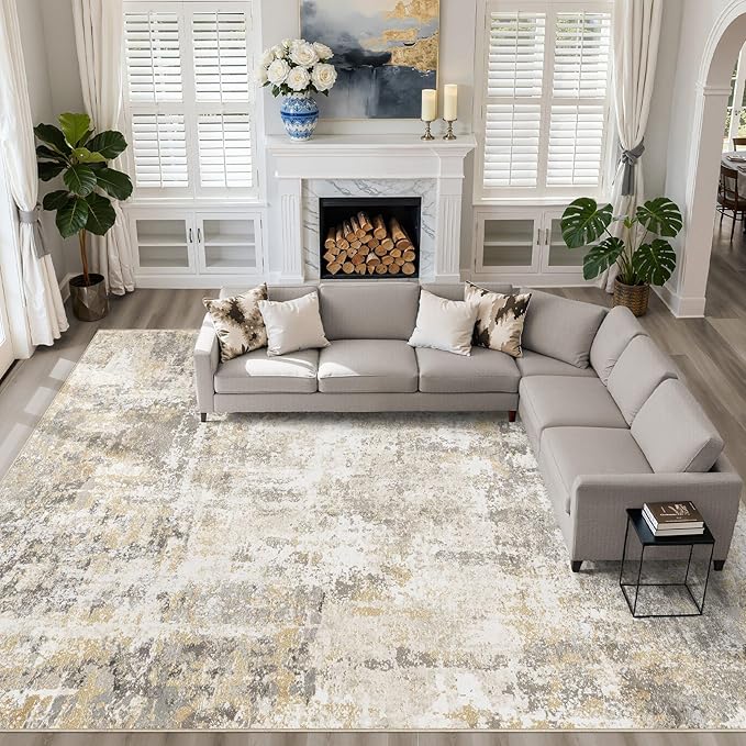 10x14 Area Rugs Living Room: Washable Large Neutral Gray Gold Rug Abstract Soft Modern Stain Resistant Indoor Floor Non-Slip Carpet for Bedroom Nursery Kids Office Playroom Dining Room Under Table