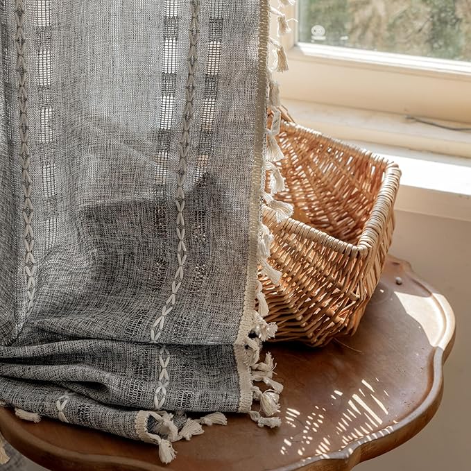 Deeprove Dark Grey Boho Curtain 63 inches Length for Living Room Bedroom Nursery, Chic Bohemian 63 inches Long Abstract Stripe Embroidery Privacy Window Fringe Decor W52 x L63, Single 1 Panel