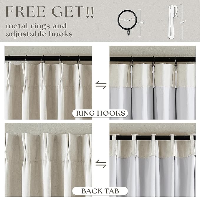 Natural Cream Linen Black Out Curtains 120 Inch Long for Living Room Bedroom 1 Panel Room Darkening Pinch Pleated Back Tab Extra Long Blackout Curtains Boho Farmhouse Thermal Insulated Drapes 60x120