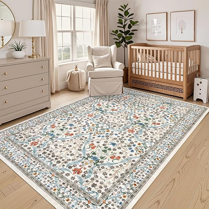 GarveeHome Floral Area Rugs 5x7, Washable Rug for Living Room, Bedroom, Low Pile Non Slip Stain Resistance Indoor Boho Carpet Mat for Farmhouse, Dining Room, Office, Beige