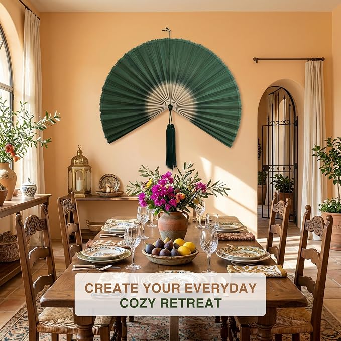 SUCHUBU Green Teal Ombre Wall Fan, 40" Handwoven Bamboo Decor, Large Japanese Hanging Fan, Botanical Asian Wall Art, Modern Boho Living Room Accent (Green Teal Ombre, Medium)