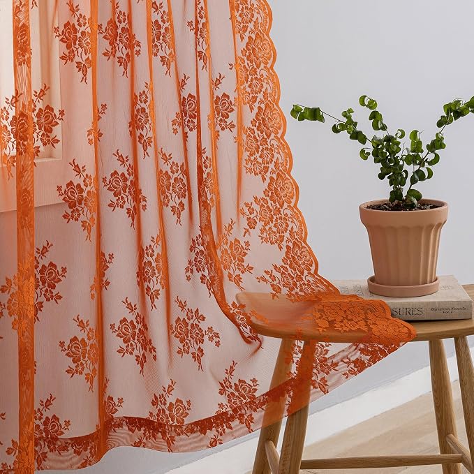 Kotile Burnt Orange Sheer Curtains 45 Inch Length for Kitchen Window, Country Rustic Floral Rust Sheer Lace Curtains, Rod Pocket Privacy Short Lace Curtain, 52 x 45 Inch, 2 Panels, Burnt Orange