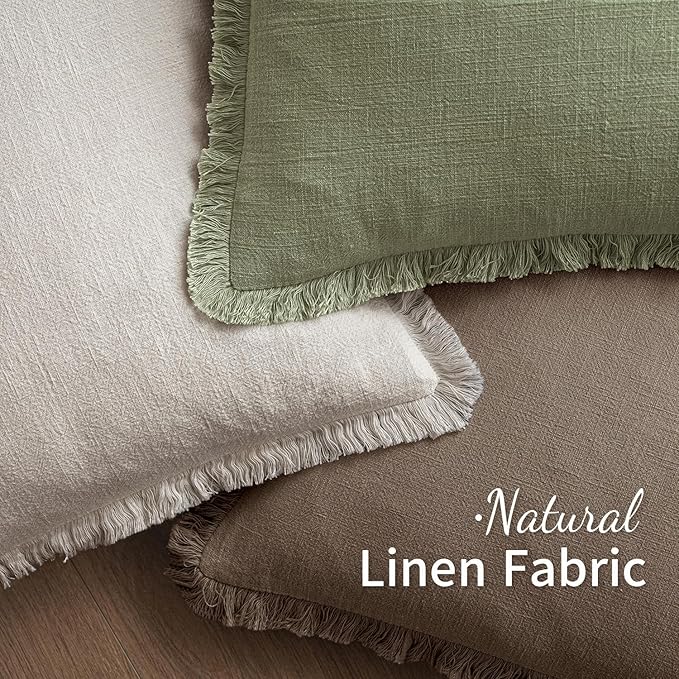 MIULEE Decorative Lumbar Throw Pillow Covers Neutral Linen Fringe Throw Pillows Set of 2 Cocoa Brown Boho Farmhouse Cushion Covers for Couch Sofa Bed Living Room Fall Home Decor 12x20 Inch