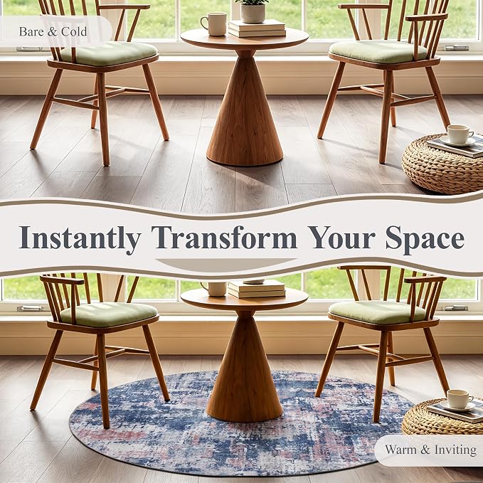 Sasttie 4ft Soft Round Area Rug, Modern Abstract Washable Circle Carpet for Living Room, Bedroom, Dining Room Table, with Non-Slip Backing, Pink and Blue
