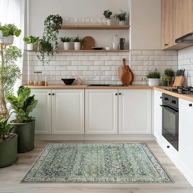 3x5 Area Rug for Entryway Indoor Low Pile Green Rugs with Washable Non Slip Boho Vintage Distressed Ultra Thin Entry Way Rugs for Kitchen Laundry Room Bathroom Inside House,3 x 5,Dark Green and Blue