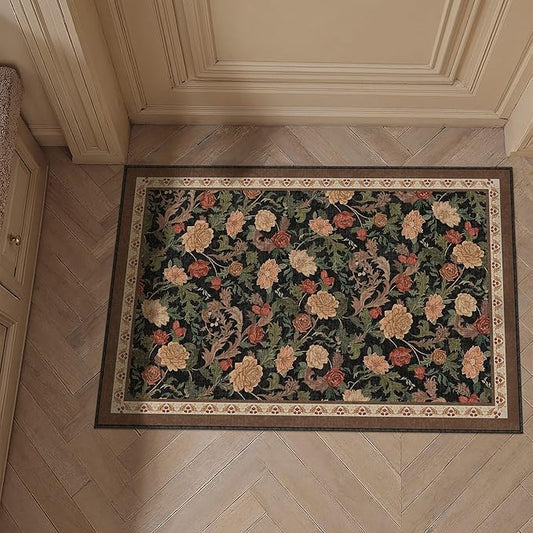 HUGEAR Retro 2x3 Area Rugs Washable Small Entryway Rugs Door Mat Vintage Floral Throw Carpet Black Brown Stain Resistant Non Slip Low Pile for Home Aesthetic Modern Decor