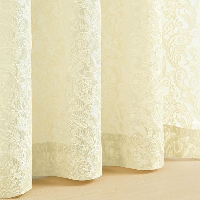Bujasso Ivory Lace Window Curtains Vintage Floral Sheer Curtain Panels 95 inch for Living Room Bedroom Light Filtering Ivory Lace Drapes Window Treatment Sets Rod Pocket 2 Panels 54" Wx95 L