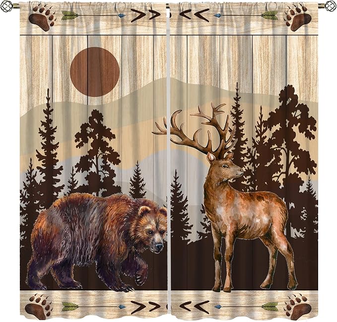 Bear Deer Blackout Curtains for Kitchen Vintage Country Hunting Cabin Wood Planks Forest Bear Footprints Deer Black Bear Bow and Arrow Wildlife Windows Treatments for Bedroom Living Room 42x54in