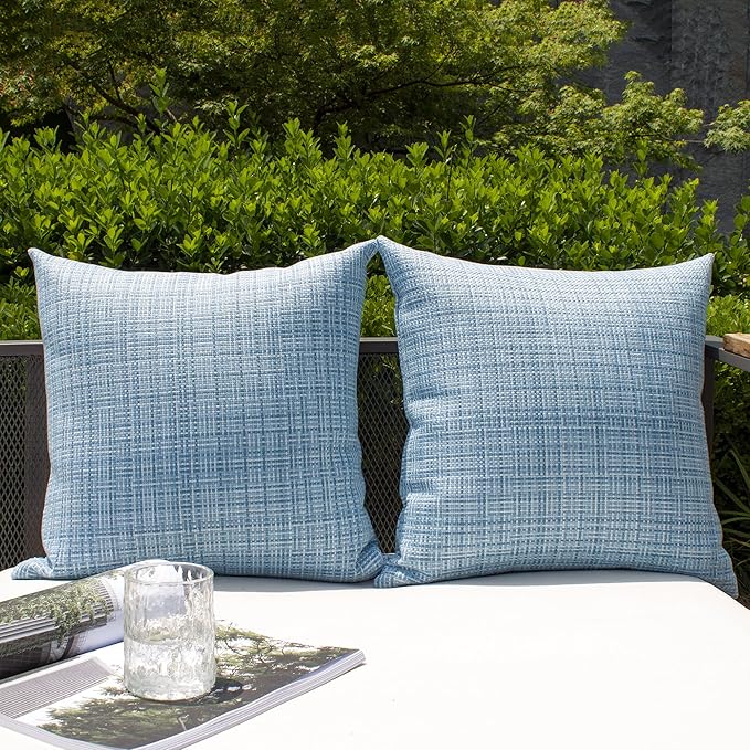 Kevin Textile Pack of 2 Decorative Outdoor Waterproof Throw Pillow Covers Stripe Square Pillowcases Modern Cushion Cases for Patio Couch Bench 18 x 18 Inch Light Blue