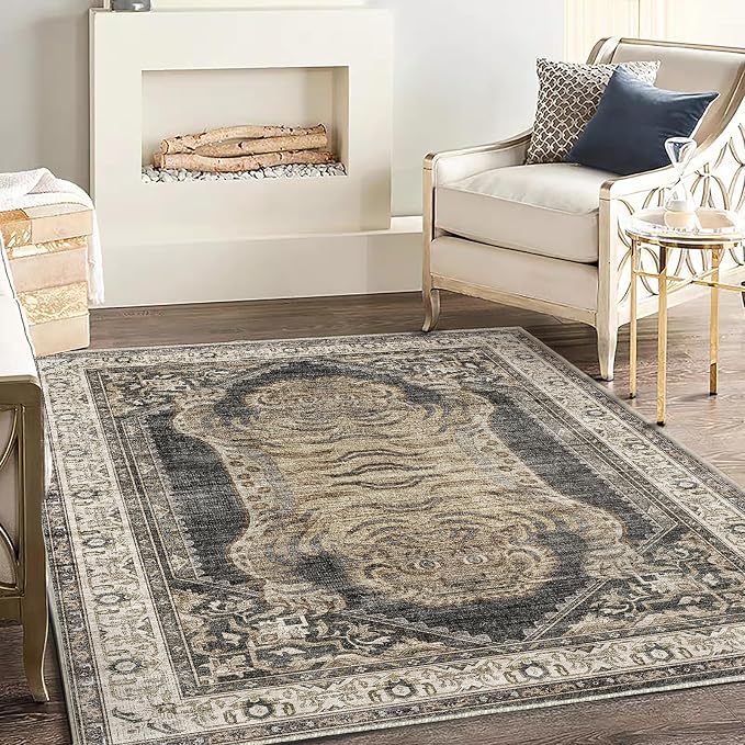 CHAMPLANT Washable Area Rug 3'x5' Vintage Traditional Floor Cover Foldable Thin Rugs Retro Kitchen Indoor Distressed Non Slip Carpet Floral Print Mat Bedroom Living Room