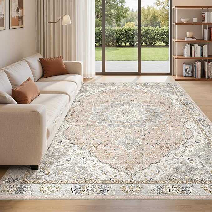 befbee 6x9 Area Rugs for Living Room - Stain Resistant Machine Washable Rugs for Bedroom,Non-Slip Backing Large Area Rug (Peach/Gray, 6'x9')