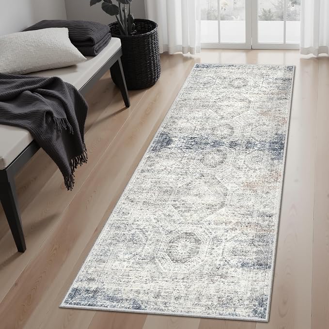Soalmost Runner Rug 2x5 Washable Non-Slip Kitchen Runner Rugs for Bathroom Laundry Room Blue Ivory Vintage Floor Carpet Runners for Hallway Entryway
