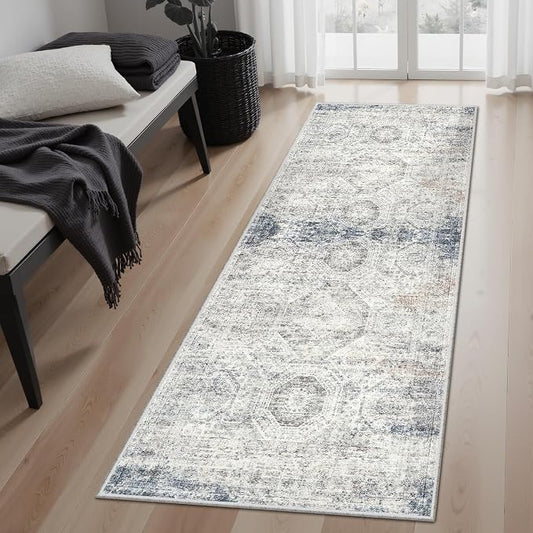 Soalmost Runner Rug 2x5 Washable Non-Slip Kitchen Runner Rugs for Bathroom Laundry Room Blue Ivory Vintage Floor Carpet Runners for Hallway Entryway