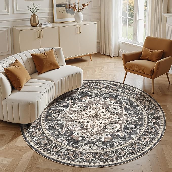 6ft Round Area Rug: Washable Vintage Neutral Soft Non Slip Thin Large Floor Carpet for Living Room Bedroom Kitchen Dining Room Home Office Farmhouse Indoor - Black