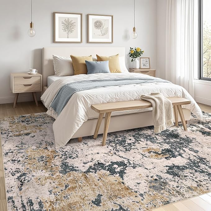 Area Rugs for Living Room: 10x12 Abstract Washable Rug Large Soft Stain Resistant Non-Slip Backing for Bedroom Dining Room Indoor Home Office Carpet for Kids Pet Friendly Families - Grey Gold