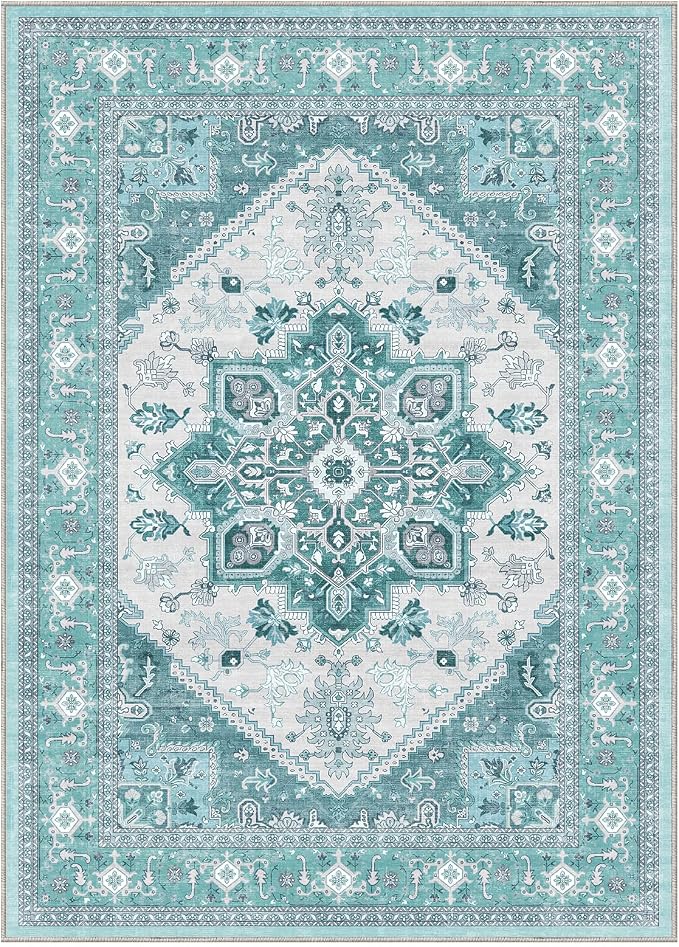 OPPODREAM Soft 10x14 Area Rugs, Washable Rugs 10x14 with Non Slip Backing, Low-Pile Faux Cashmere 10 x 14 Carpet, Teal & Turquoise & Cream