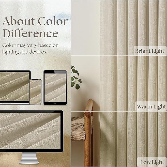 Beige 98 Inch Linen Curtains 2 Panels Set Pinch Pleated for Living Room Bedroom Memory Training Shaped Semi Sheer Neutral Light Tan Flax Burlap Pleat Drapes Hooks Rings Light Filtering Window Curtain