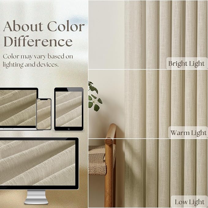 Beige Pinch Pleated Linen Curtains 126 Inches Long 2 Panels for Living Room Bedroom Memory Training Shaped Semi Sheer Pinch Pleat Drapes Hooks Rings Back Tab Light Filtering Window Curtain 40x126