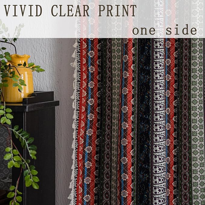 VOGOL Boho Semi Blackout Curtains, Colorful Stripes with Tassel Decorative Window Treatments, 1 Panel Rod Pocket Drapes for Living Rest Room, 59 x 79 Inches, Red Blue