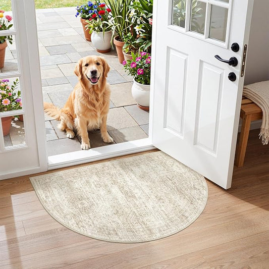 Soalmost Washable Half Circle Round Rug 2x3 Beige, Small Half Moon Rug Entryway Non-Slip Vintage Semi Circle Rugs Indoor Entrance, Low Pile Door Mat for Inside Front Door Bedroom Kitchen Entry