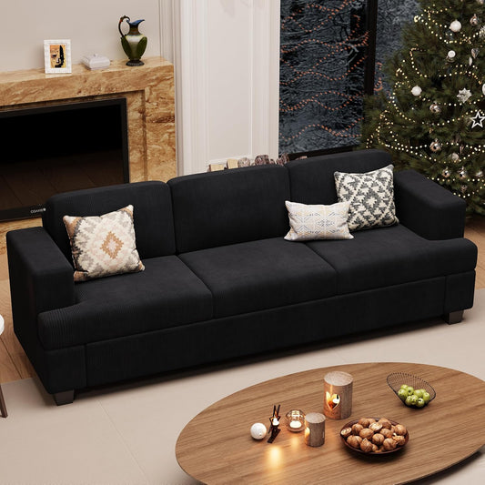 3 Seater Corduroy Couch for Living Room, 89” Black Cloud Sofa, Deep Seat Floor Couch for Bedroom, Futon Modern Sofa Sectional Bed, Black Corduroy
