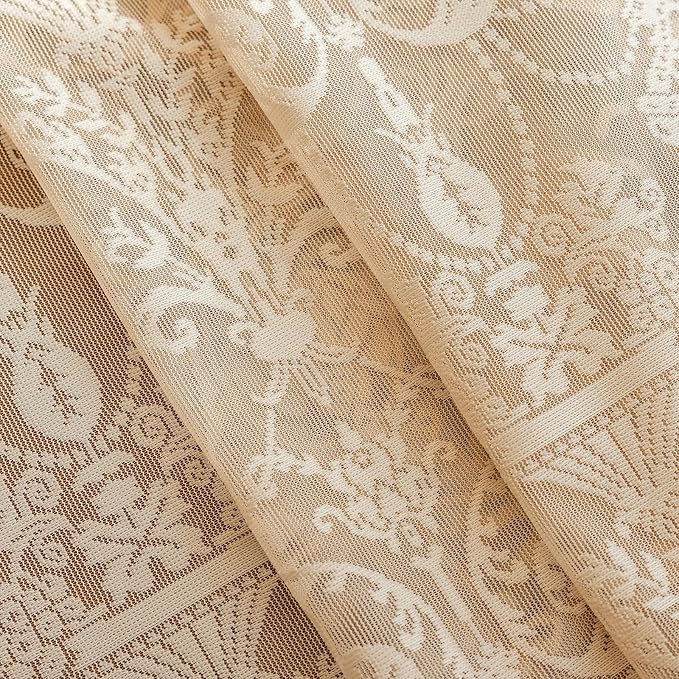 TUDECO Beige Boho Curtains 8 Foot - Cottage Translucen Lace Curtains for Living Room Bedroom, Pretty Chic Floral Ruffle Light Filtering Privacy Window Decor, 59 x 96 Inch, Light Beige