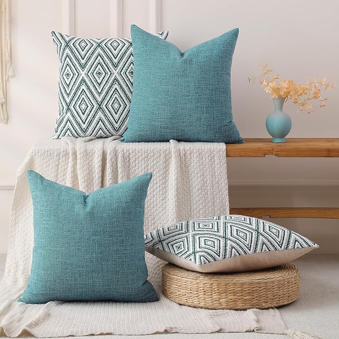 HPUK Throw Pillow Covers 18x18 Inch Set of 4, Linen Decorative Pillow Covers, Accent Cushion Covers for Couch Sofa Bed Bedroom Living Room Décor, Aqua Blue