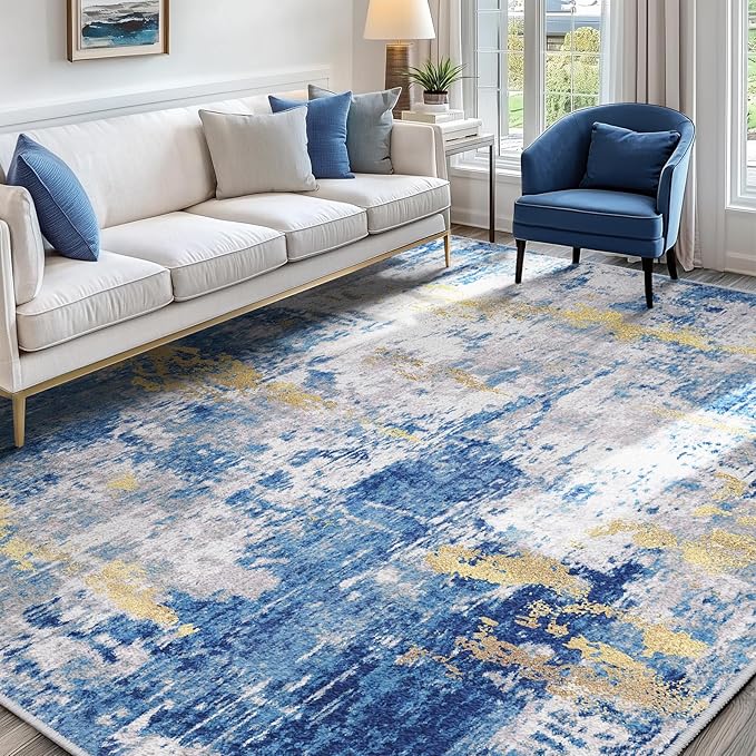 RELEANY Washable Area Rugs 9'x12' Non-Slip Modern Abstract Soft for Living Room Entryway Bedroom Kitchen, Print Pattern, Grey Blue Gold/Golden